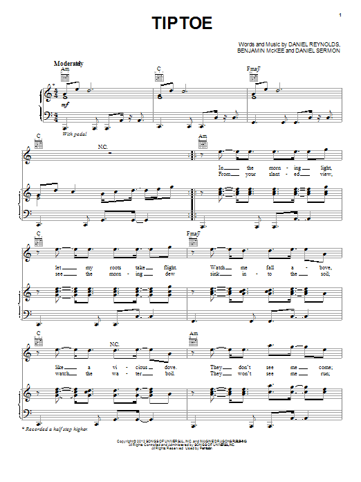 Imagine Dragons Tiptoe sheet music notes and chords arranged for Piano, Vocal & Guitar Chords (Right-Hand Melody)