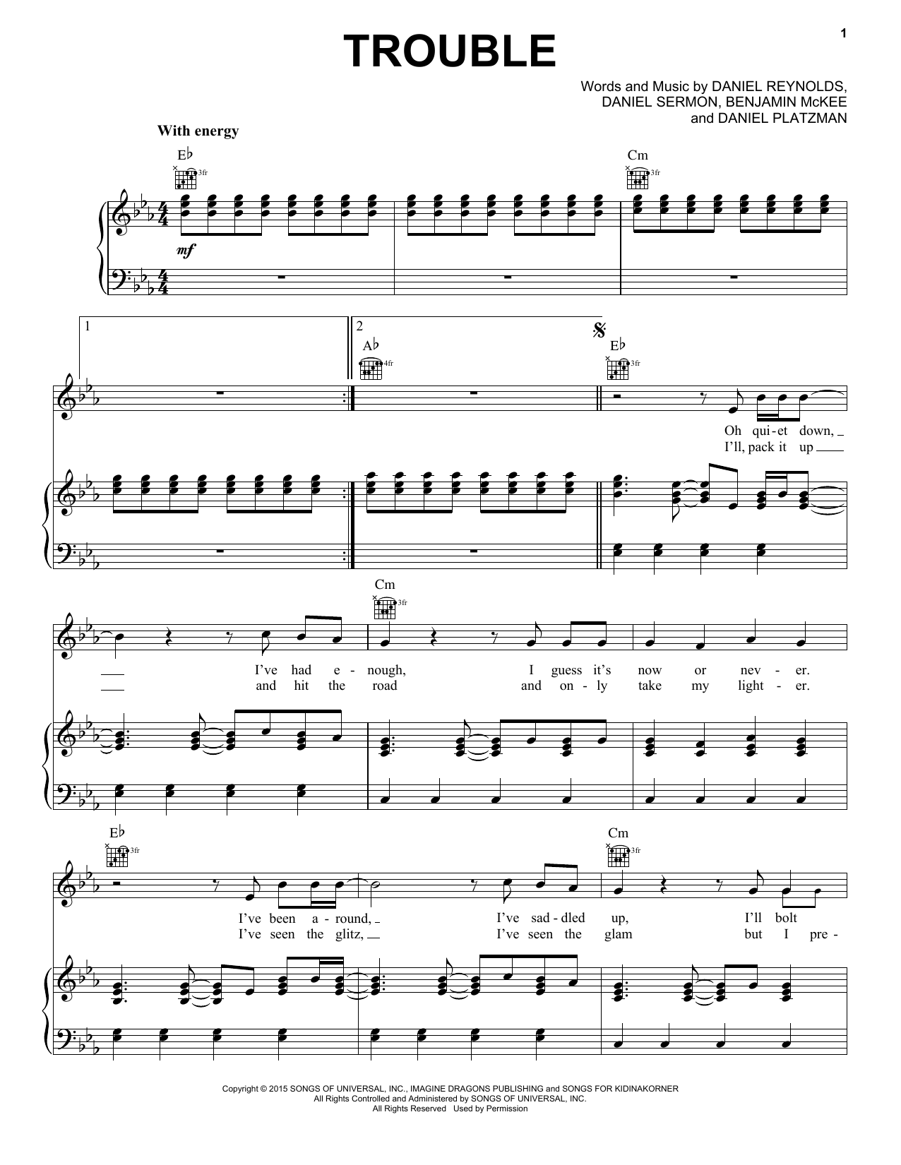 Imagine Dragons Trouble sheet music notes and chords arranged for Piano, Vocal & Guitar Chords (Right-Hand Melody)
