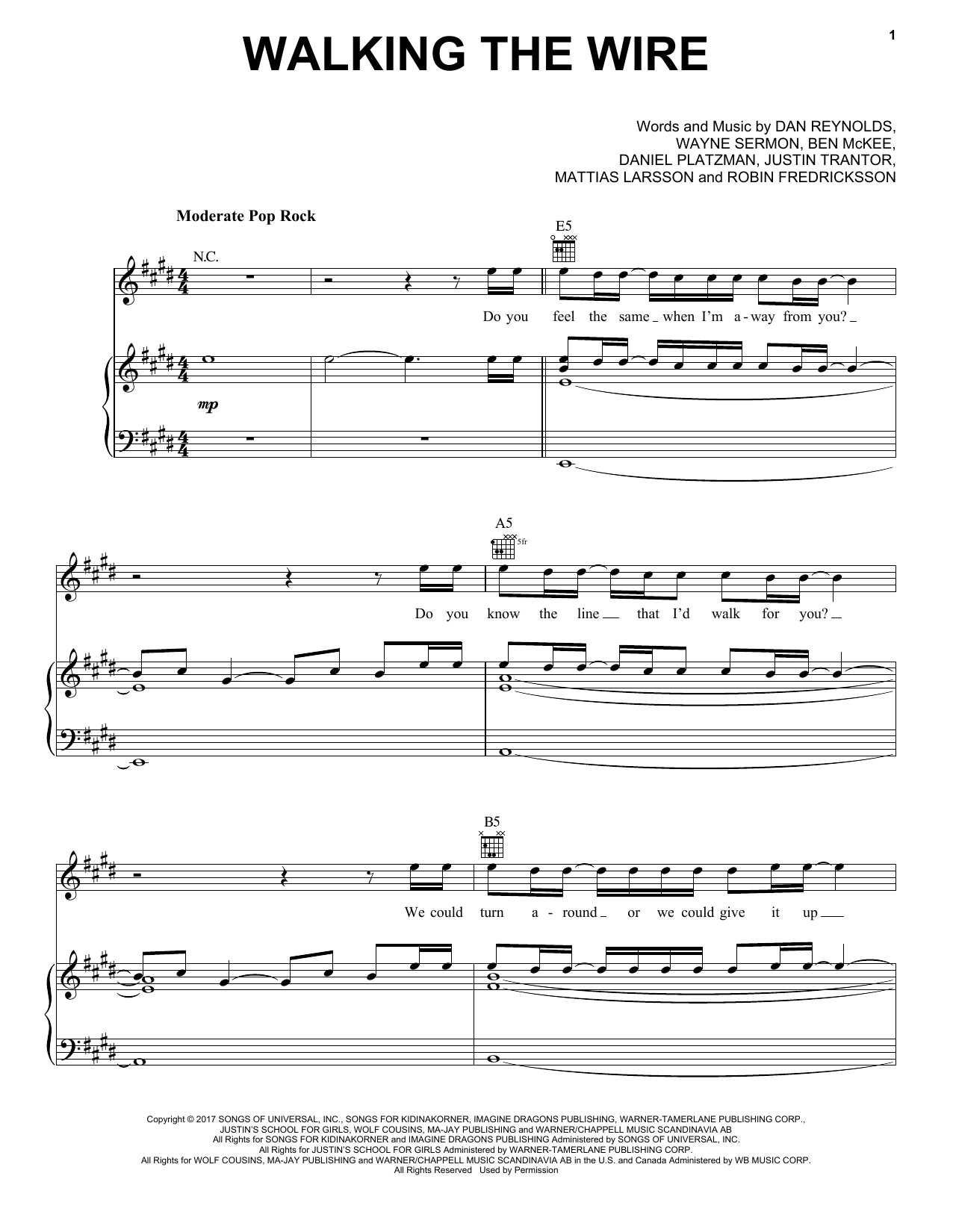Imagine Dragons Walking The Wire sheet music notes and chords arranged for Piano, Vocal & Guitar Chords (Right-Hand Melody)