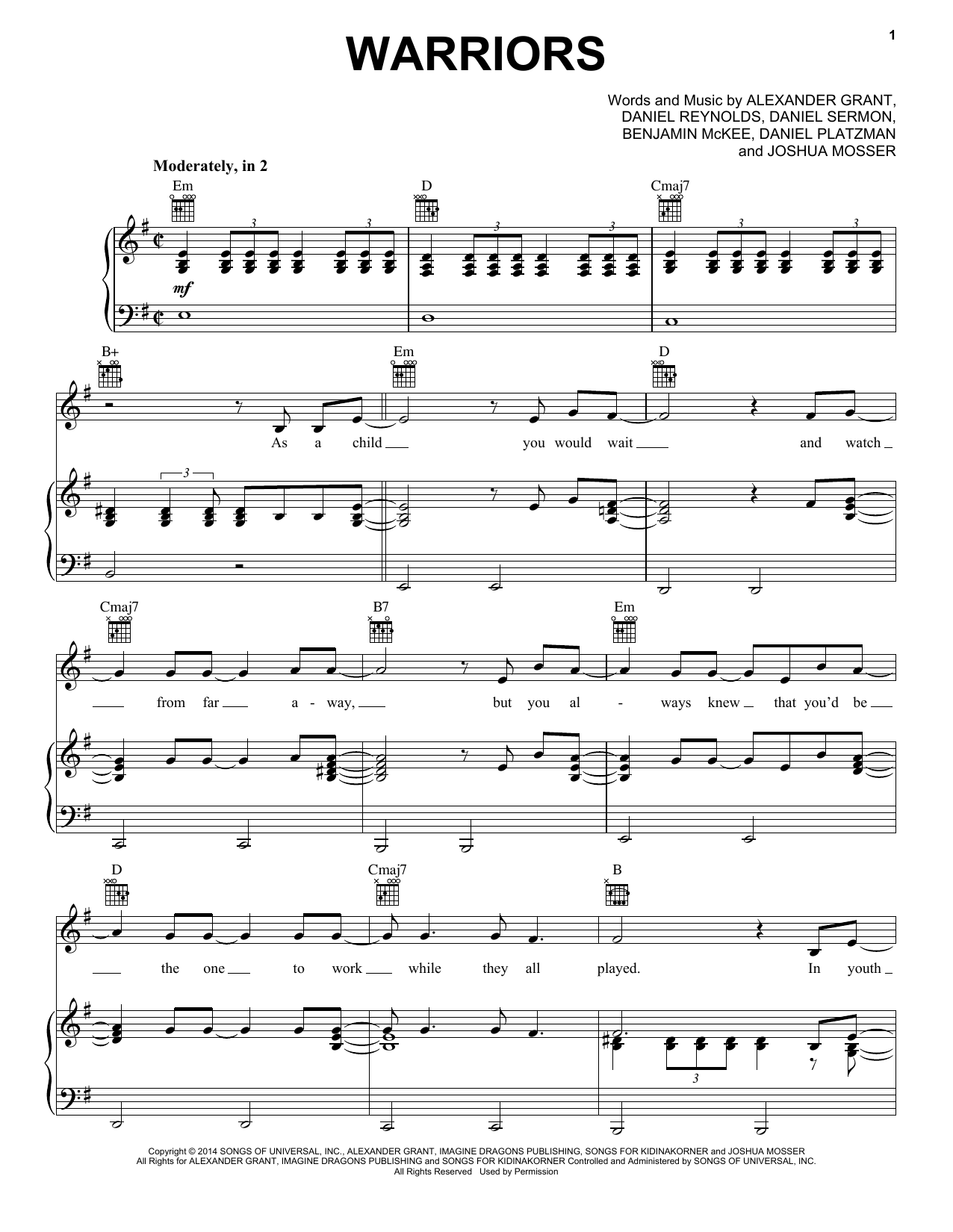 Imagine Dragons Warriors sheet music notes and chords arranged for Piano, Vocal & Guitar Chords (Right-Hand Melody)