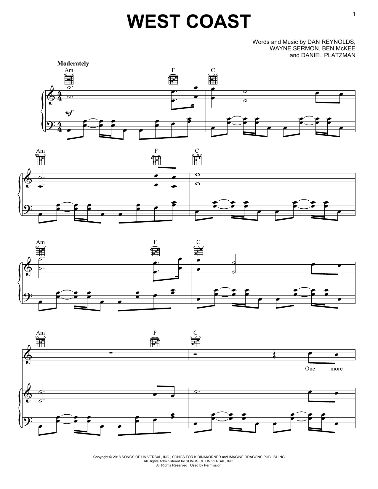 Imagine Dragons West Coast sheet music notes and chords arranged for Piano, Vocal & Guitar Chords (Right-Hand Melody)