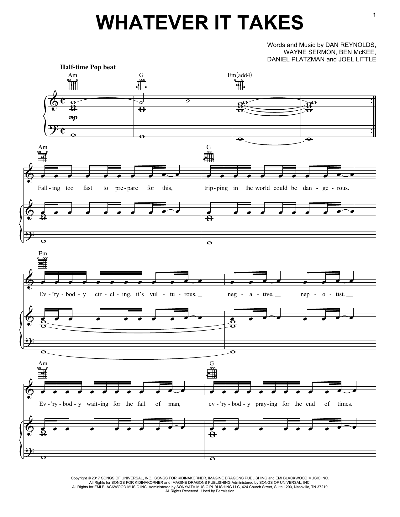 Imagine Dragons Whatever It Takes sheet music notes and chords arranged for Tenor Sax Solo