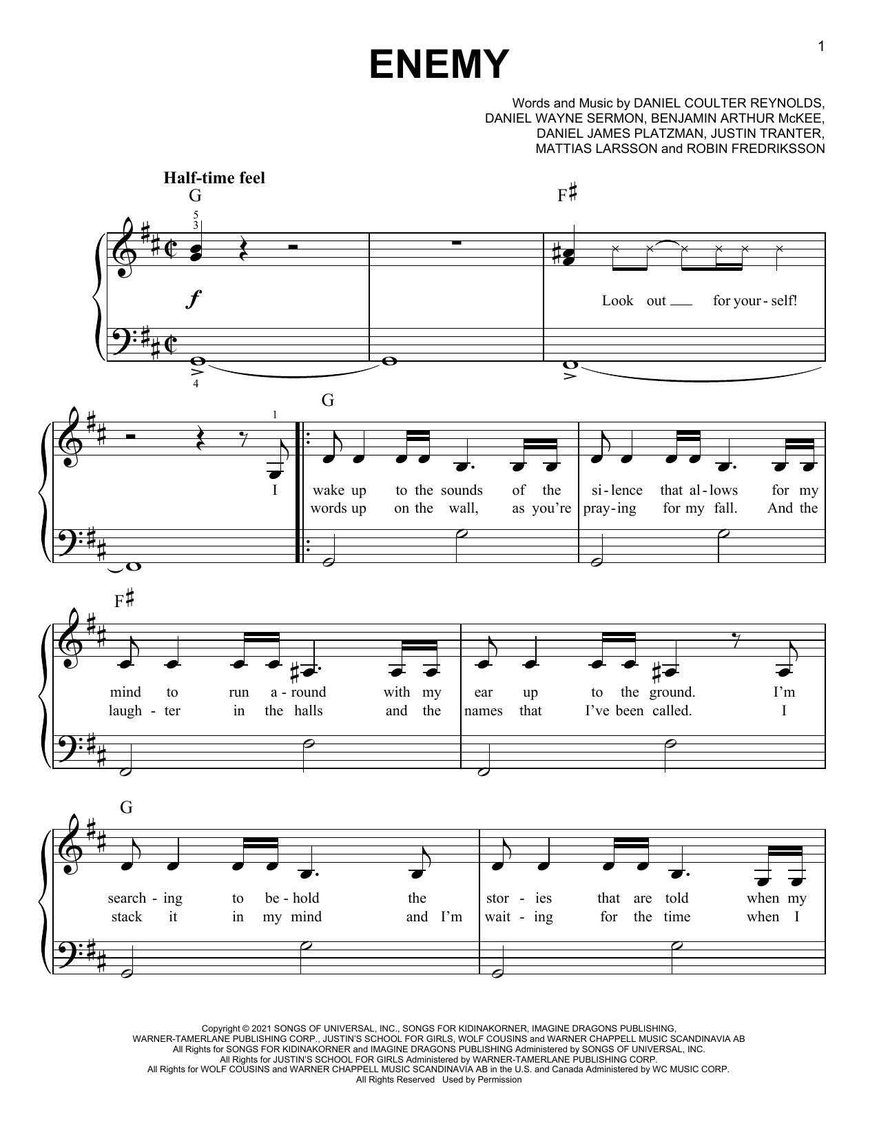 Imagine Dragons X JID Enemy (from the series Arcane League of Legends) sheet music notes and chords arranged for Easy Piano