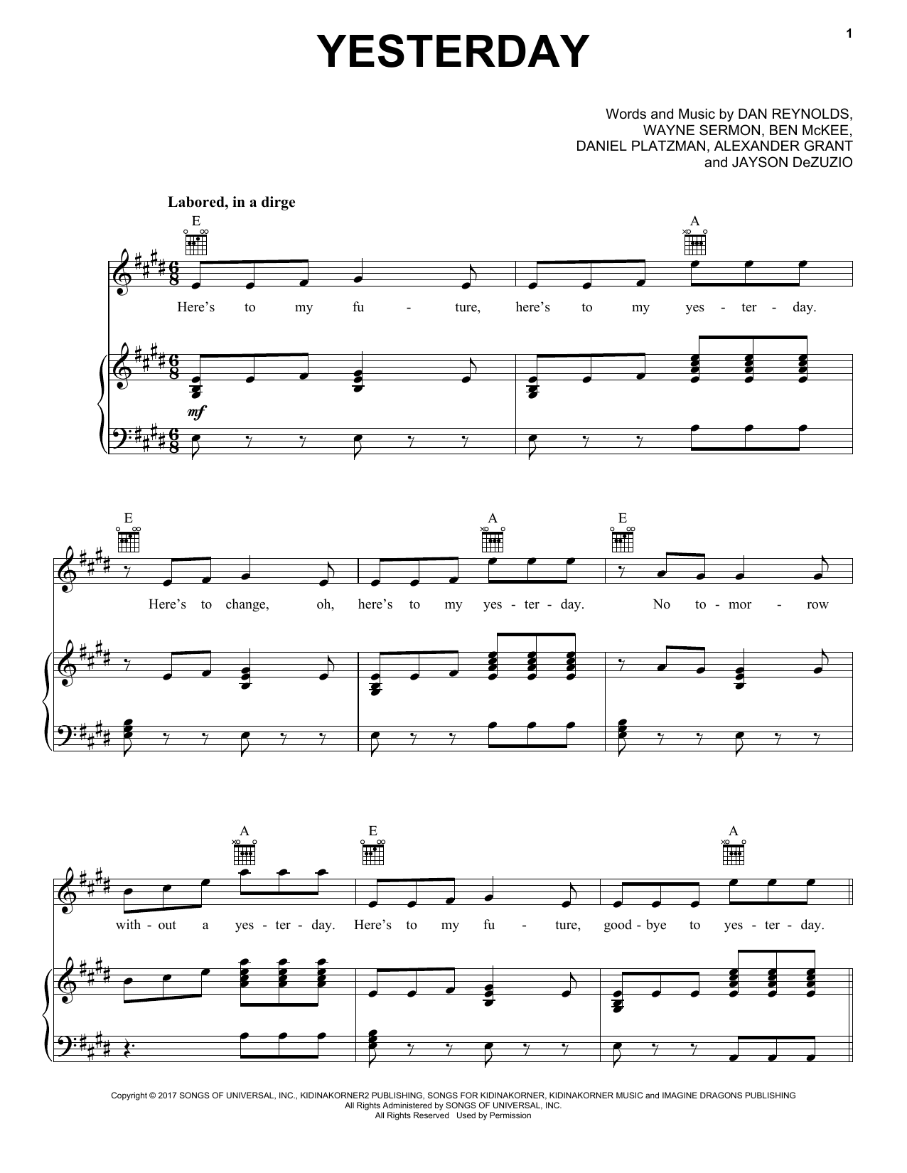 Imagine Dragons Yesterday sheet music notes and chords arranged for Piano, Vocal & Guitar Chords (Right-Hand Melody)