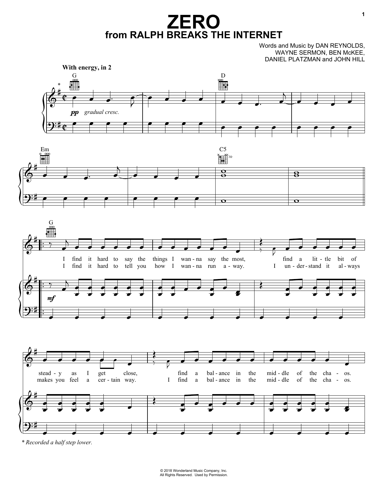 Imagine Dragons Zero (from Ralph Breaks The Internet) sheet music notes and chords arranged for Easy Piano