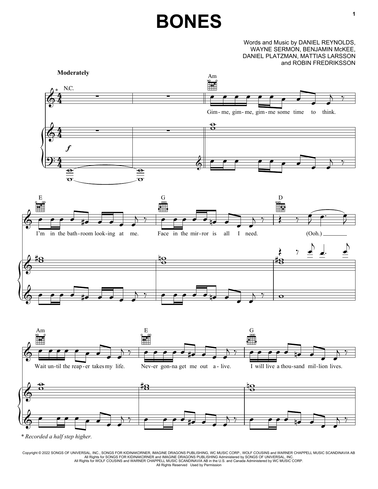 Imagine Dragons Bones sheet music notes and chords arranged for Piano, Vocal & Guitar Chords (Right-Hand Melody)