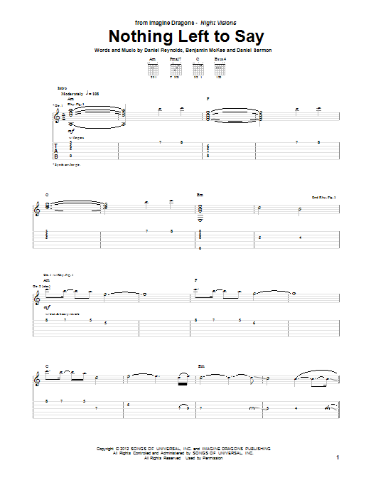Imagine Dragons Nothing Left To Say sheet music notes and chords arranged for Guitar Tab