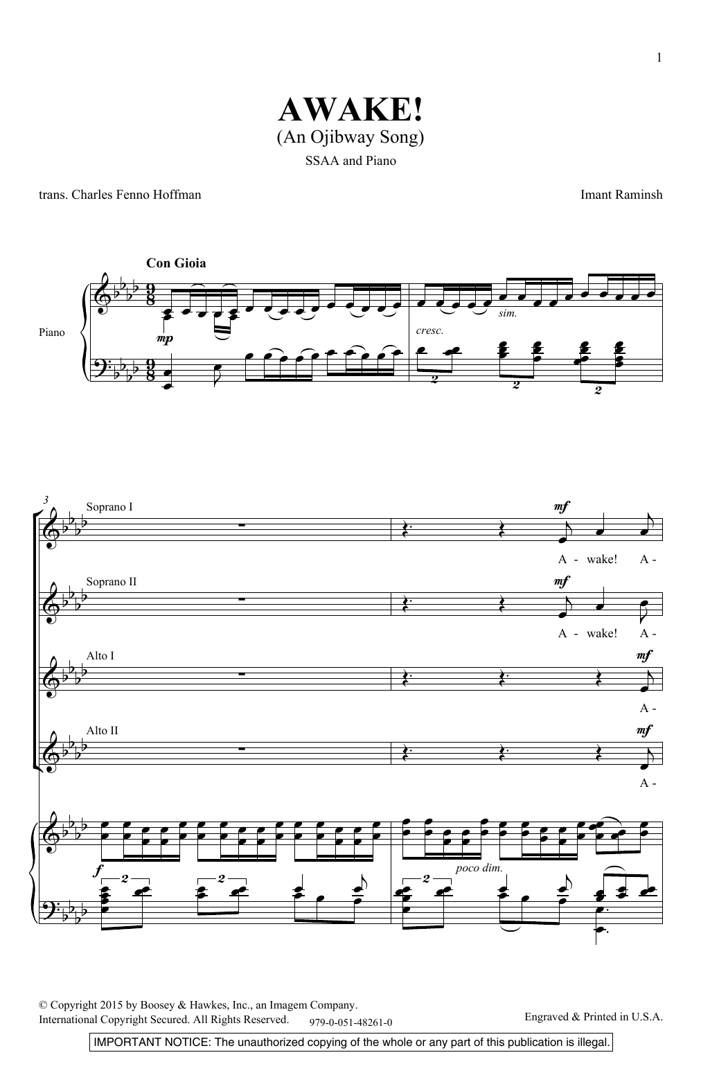 Imant Raminsh Awake! An Ojibway Song sheet music notes and chords arranged for SSA Choir
