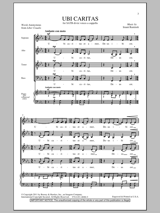 Imant Raminsh Ubi Caritas sheet music notes and chords arranged for SATB Choir