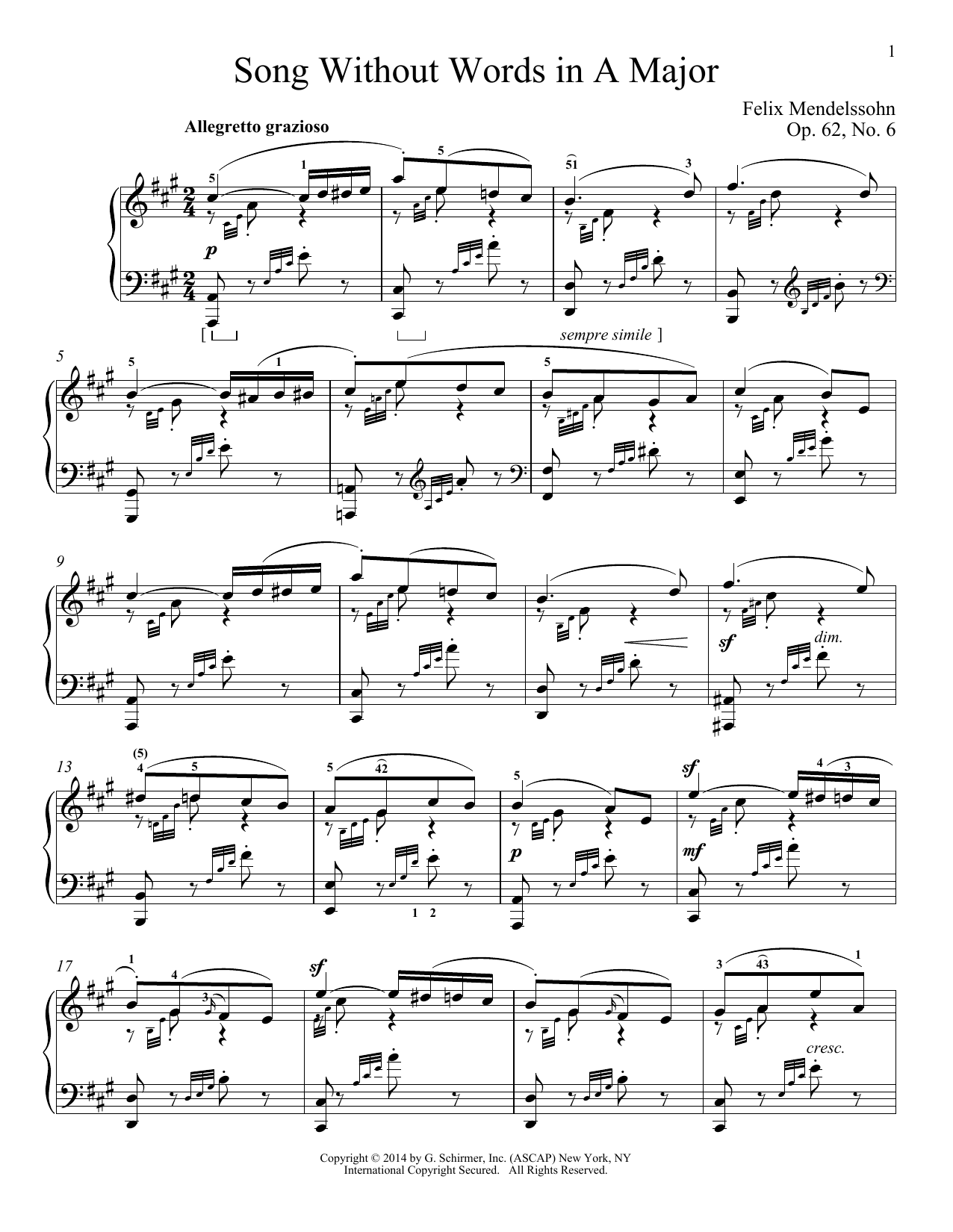 Immanuela Gruenberg Song Without Words In A Major, Op. 62, No. 6 sheet music notes and chords arranged for Piano Solo
