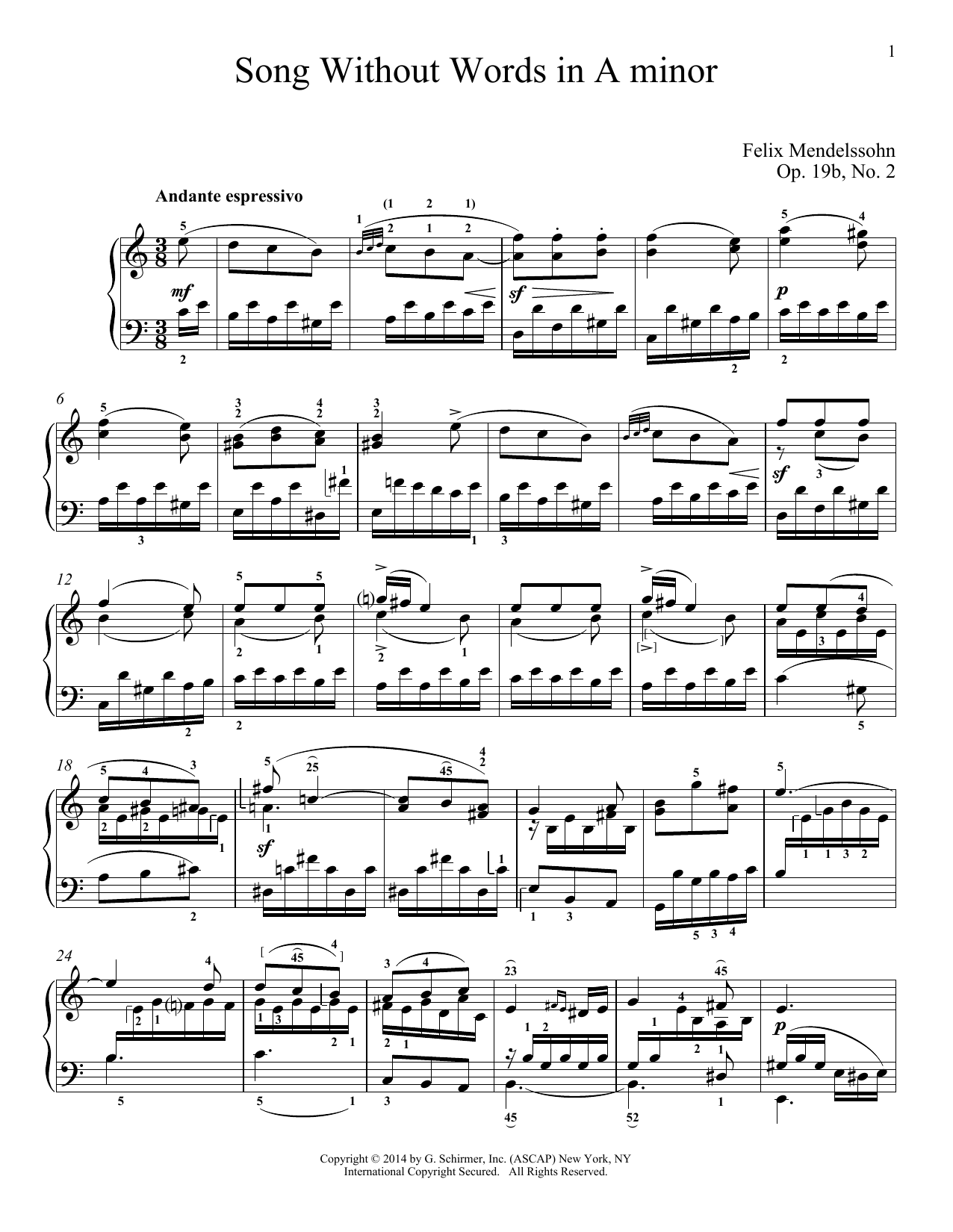Immanuela Gruenberg Song Without Words In A Minor, Op. 19, No. 2 sheet music notes and chords arranged for Piano Solo