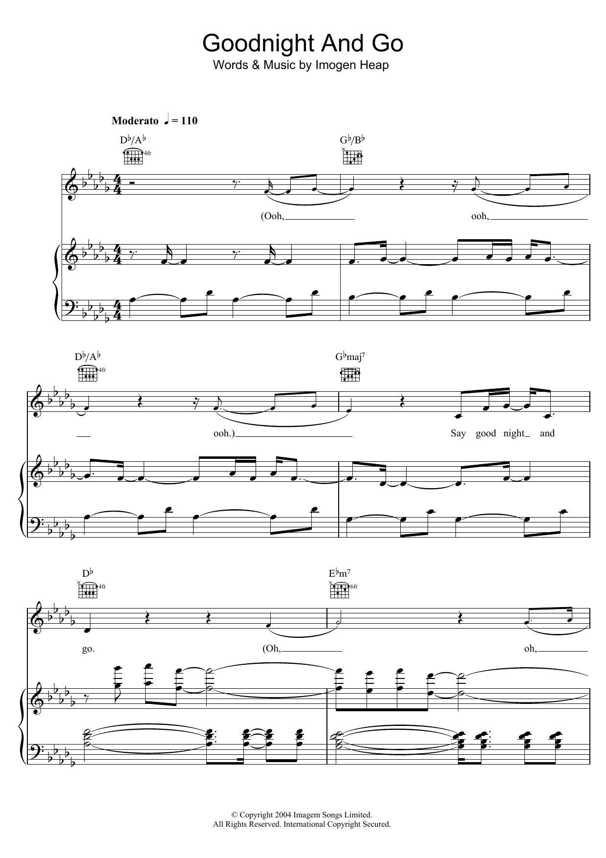 Imogen Heap Goodnight And Go sheet music notes and chords arranged for Piano, Vocal & Guitar Chords