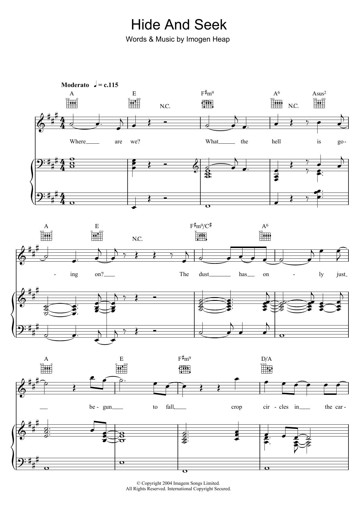 Imogen Heap Hide And Seek sheet music notes and chords arranged for Piano, Vocal & Guitar Chords