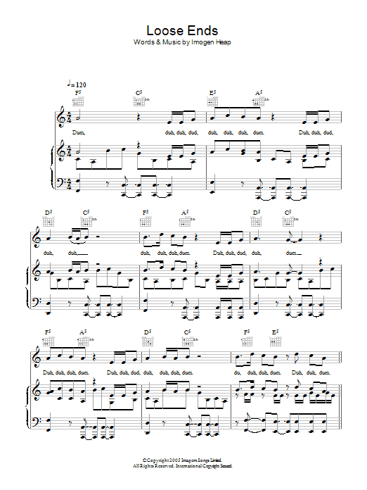 Imogen Heap Loose Ends sheet music notes and chords arranged for Piano, Vocal & Guitar Chords