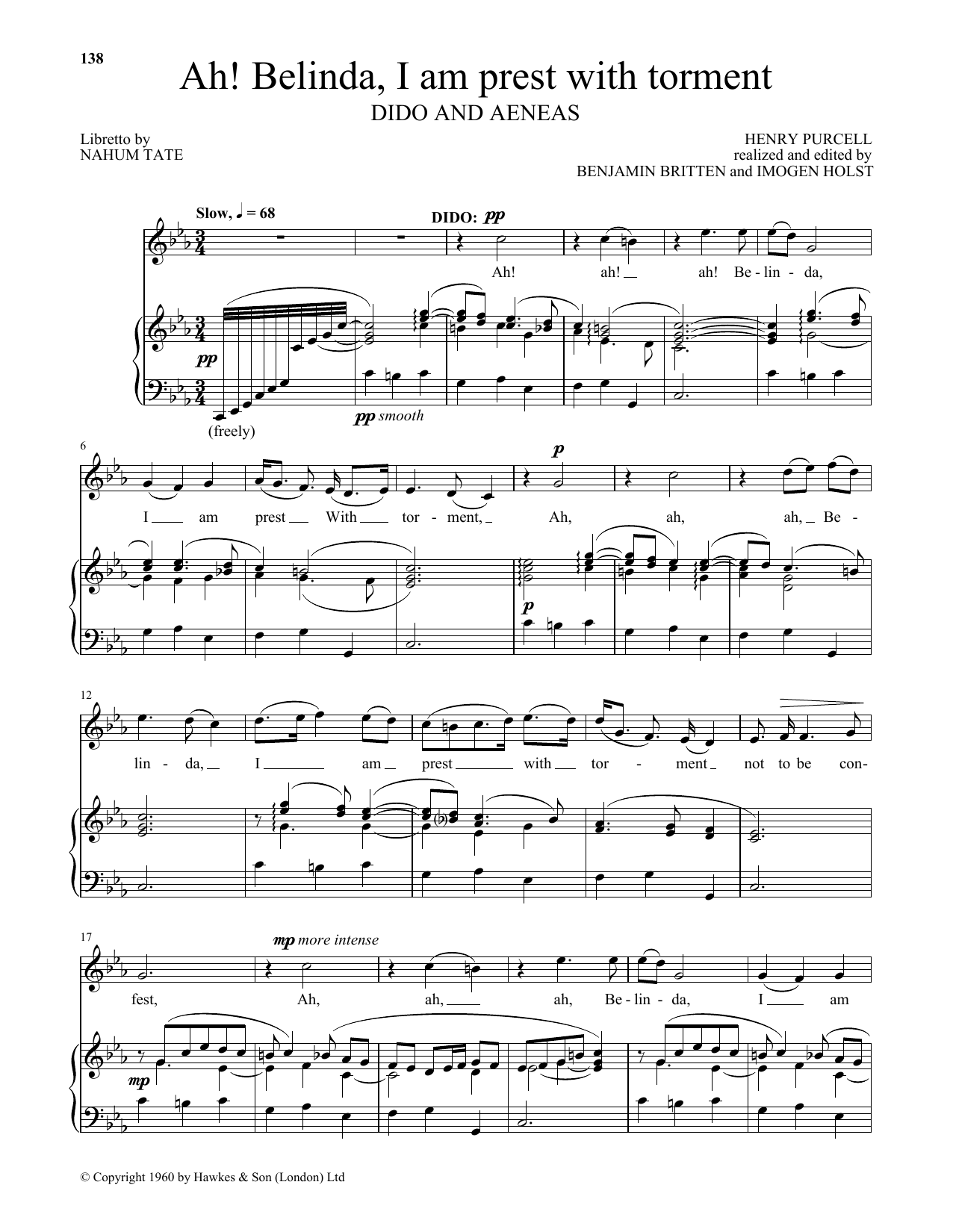 Imogen Holst Ah! Belinda, I Am Prest With Torment sheet music notes and chords arranged for Piano & Vocal