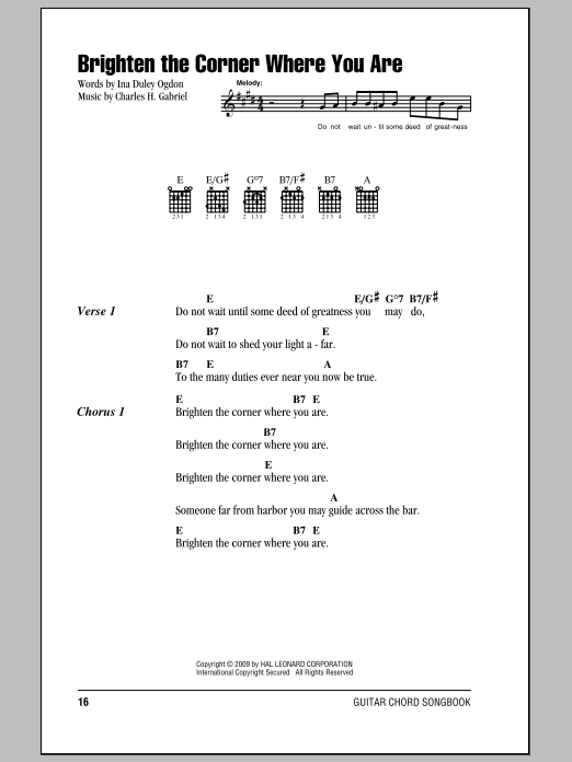 Ina Duley Ogdon Brighten The Corner Where You Are sheet music notes and chords arranged for Guitar Chords/Lyrics