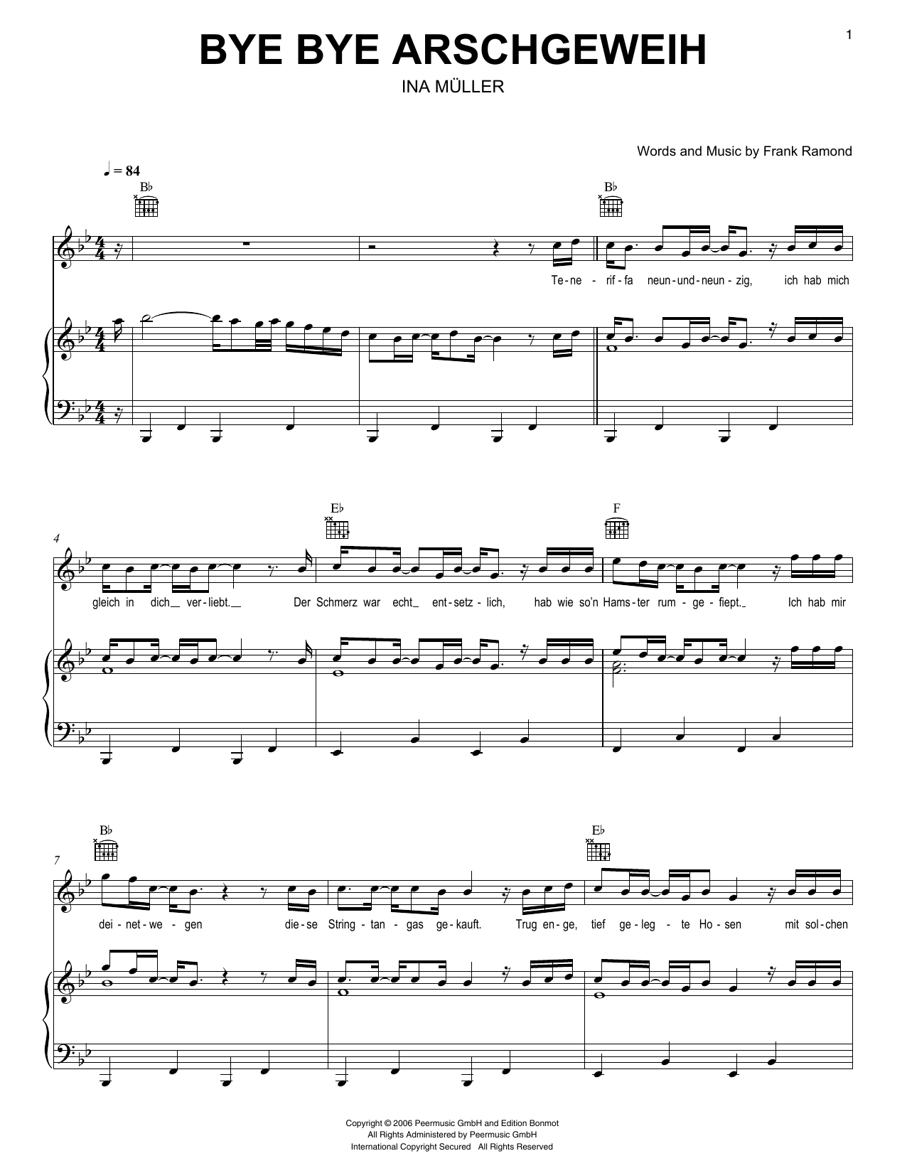 Ina Müller Bye Bye Arschgeweih sheet music notes and chords arranged for Piano, Vocal & Guitar Chords (Right-Hand Melody)