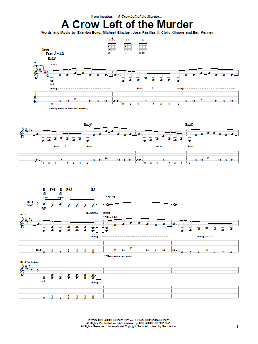 Incubus A Crow Left Of The Murder sheet music notes and chords arranged for Drums Transcription