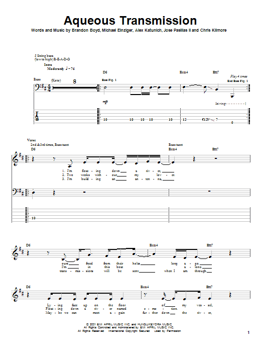 Incubus Aqueous Transmission sheet music notes and chords. Download Printable PDF.
