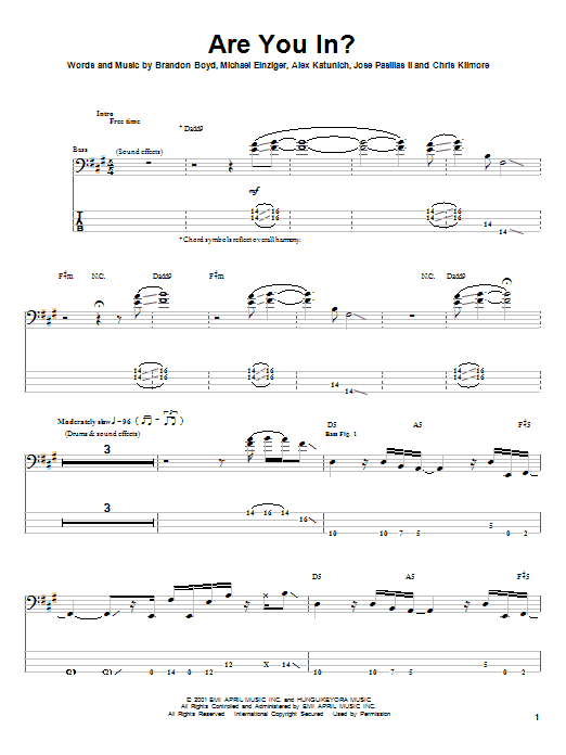 Incubus Are You In? sheet music notes and chords arranged for Bass Guitar Tab