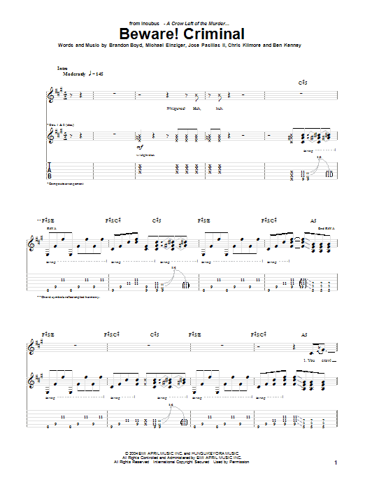 Incubus Beware! Criminal sheet music notes and chords arranged for Guitar Tab