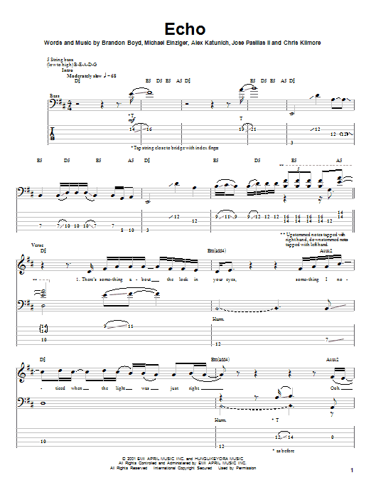 Incubus Echo sheet music notes and chords arranged for Bass Guitar Tab