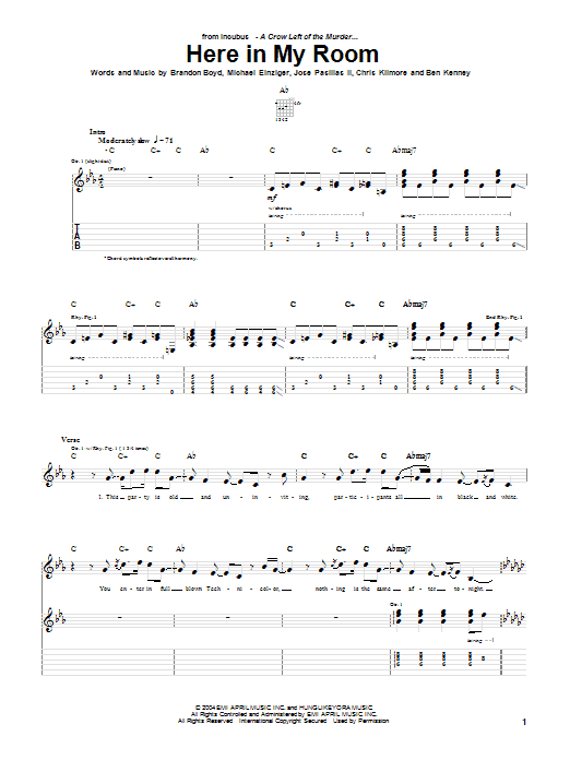 Incubus Here In My Room sheet music notes and chords. Download Printable PDF.