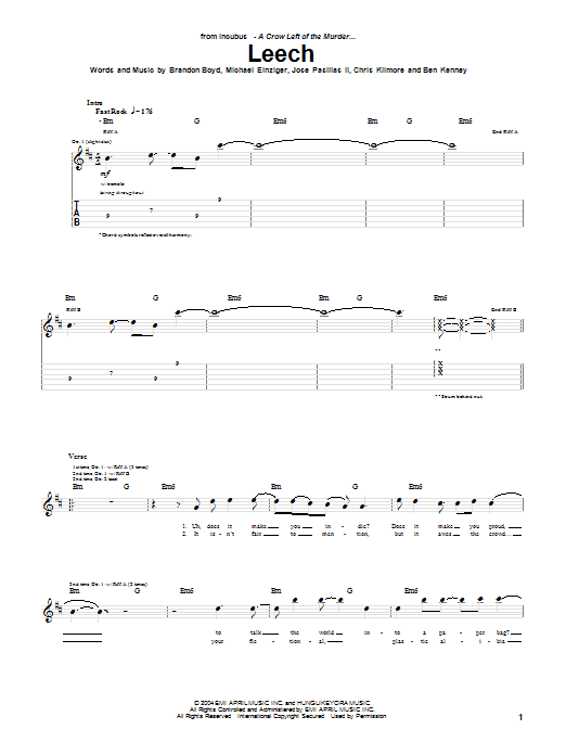 Incubus Leech sheet music notes and chords arranged for Guitar Tab