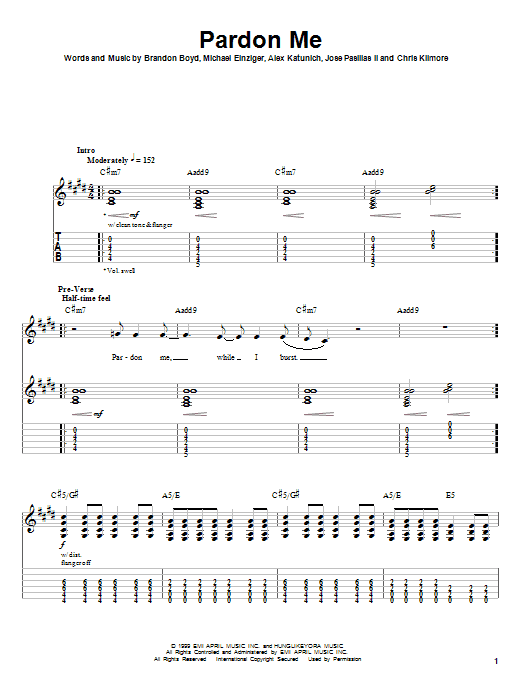 Incubus Pardon Me sheet music notes and chords arranged for Easy Guitar Tab