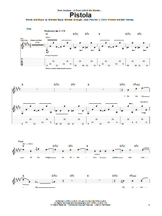 Incubus Pistola sheet music notes and chords arranged for Guitar Tab