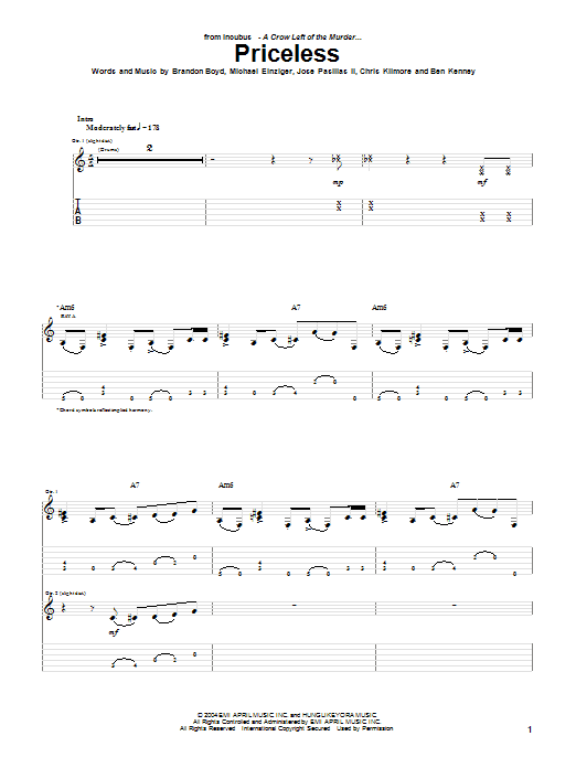 Incubus Priceless sheet music notes and chords arranged for Guitar Tab