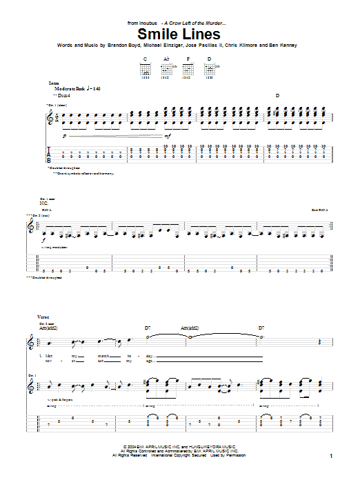 Incubus Smile Lines sheet music notes and chords arranged for Guitar Tab