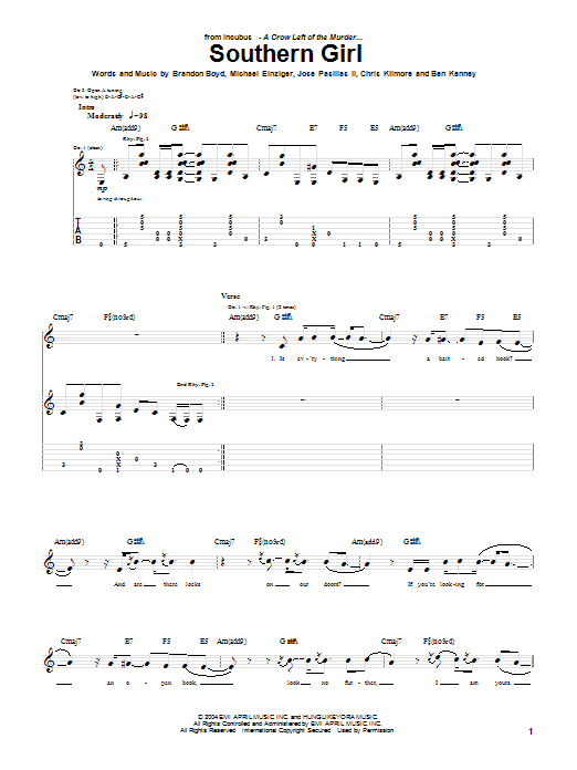 Incubus Southern Girl sheet music notes and chords arranged for Guitar Tab