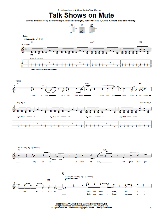 Incubus Talk Shows On Mute sheet music notes and chords. Download Printable PDF.