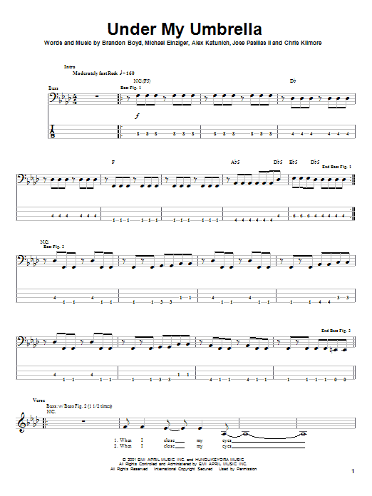 Incubus Under My Umbrella sheet music notes and chords arranged for Bass Guitar Tab