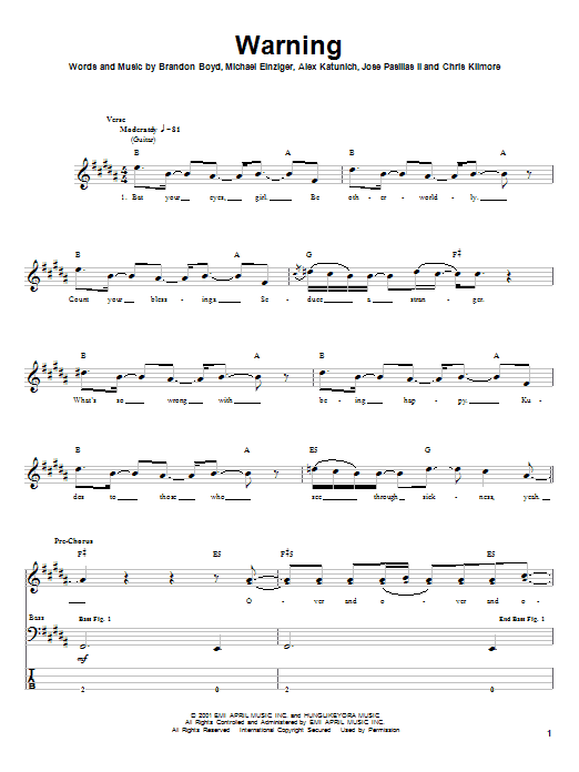 Incubus Warning sheet music notes and chords arranged for Bass Guitar Tab