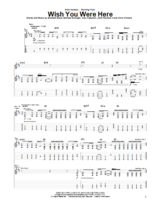 Incubus Wish You Were Here sheet music notes and chords. Download Printable PDF.