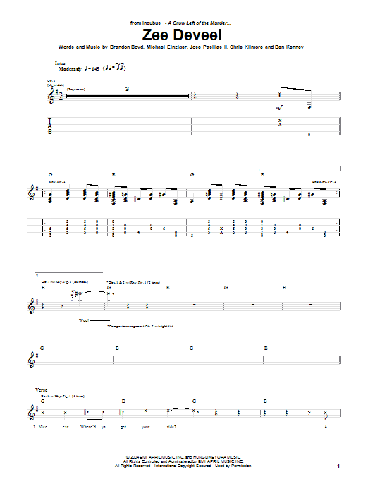 Incubus Zee Deveel sheet music notes and chords. Download Printable PDF.