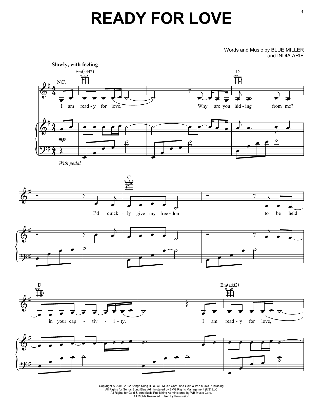 India Arie Ready For Love sheet music notes and chords arranged for Piano, Vocal & Guitar Chords (Right-Hand Melody)