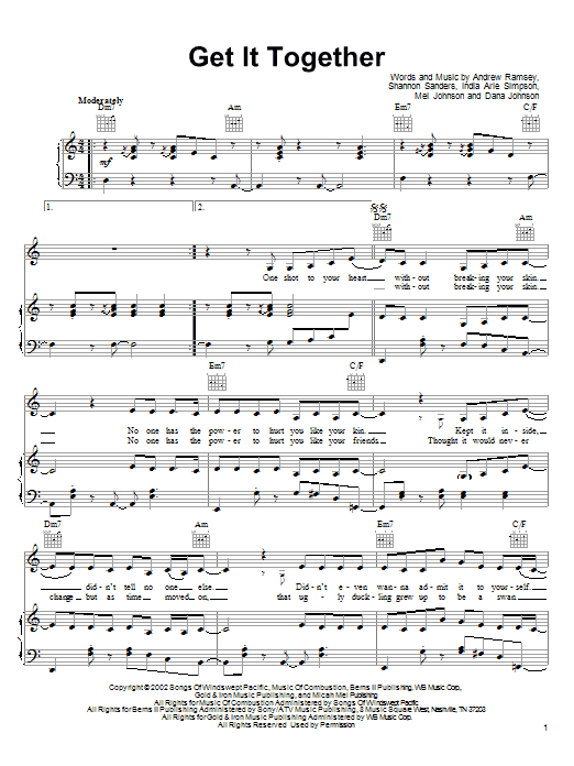 India.Arie Get It Together sheet music notes and chords arranged for Piano, Vocal & Guitar Chords (Right-Hand Melody)