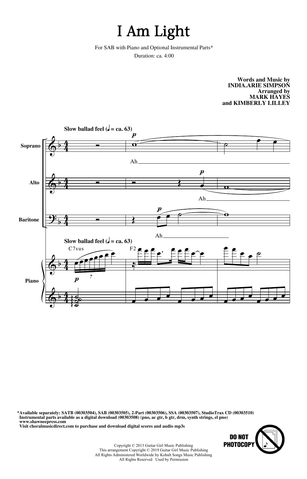 India.Arie I Am Light (arr. Mark Hayes and Kimberly Lilley) sheet music notes and chords arranged for 2-Part Choir