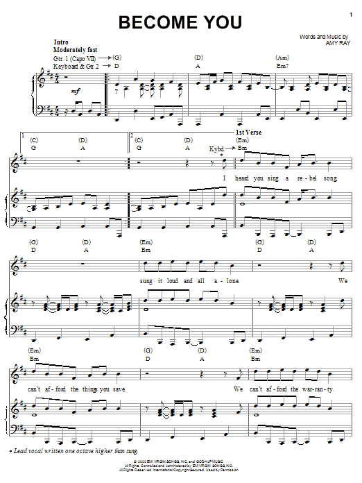 Indigo Girls Become You sheet music notes and chords arranged for Piano, Vocal & Guitar Chords (Right-Hand Melody)
