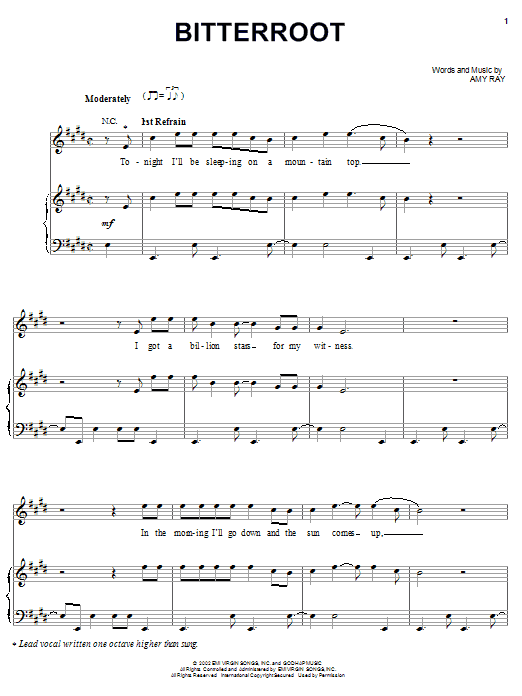 Indigo Girls Bitterroot sheet music notes and chords arranged for Piano, Vocal & Guitar Chords (Right-Hand Melody)