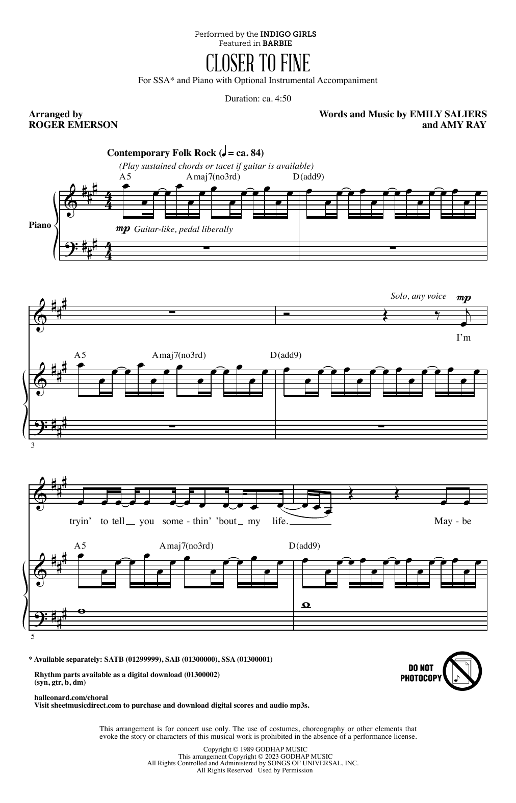 Indigo Girls Closer To Fine (arr. Roger Emerson) sheet music notes and chords arranged for SAB Choir