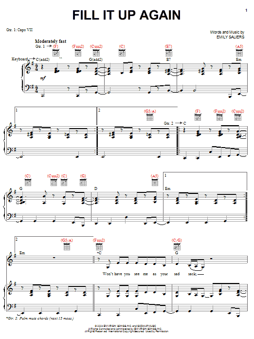 Indigo Girls Fill It Up Again sheet music notes and chords arranged for Piano, Vocal & Guitar Chords (Right-Hand Melody)