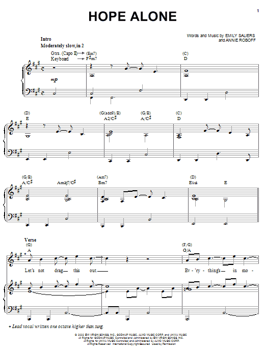 Indigo Girls Hope Alone sheet music notes and chords arranged for Piano, Vocal & Guitar Chords (Right-Hand Melody)