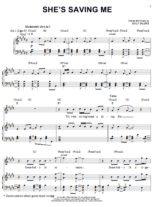 Indigo Girls She's Saving Me sheet music notes and chords arranged for Piano, Vocal & Guitar Chords (Right-Hand Melody)