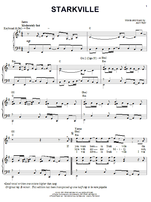 Indigo Girls Starkville sheet music notes and chords arranged for Piano, Vocal & Guitar Chords (Right-Hand Melody)