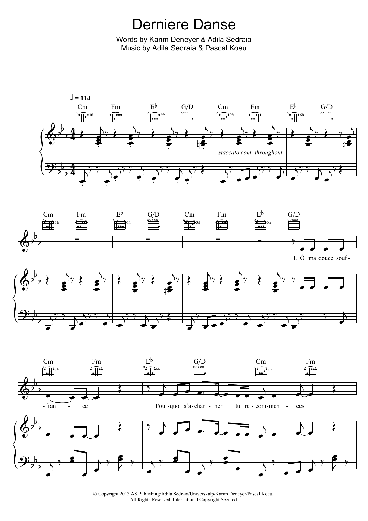 Indila Derniere Danse sheet music notes and chords arranged for Piano, Vocal & Guitar Chords