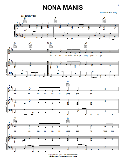 Indonesian Folk Song Nona Manis sheet music notes and chords arranged for Piano, Vocal & Guitar Chords (Right-Hand Melody)